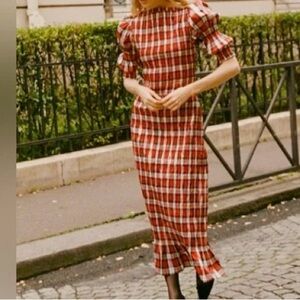 DOEN Heirloom Silk Midi Dress Rouge Adaline Plaid Red White Black XS